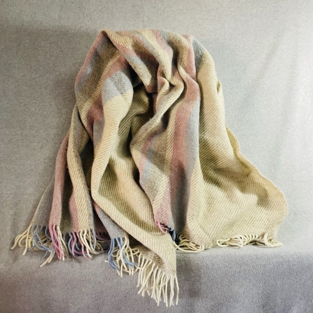 Alafoss Iceland Wool Fringed Throw Blanket Blue Pink Gray Cream Stripe 56X50"